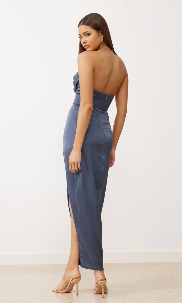 Rear of Juliana Maxi Dress in blue for wedding guest dress hire