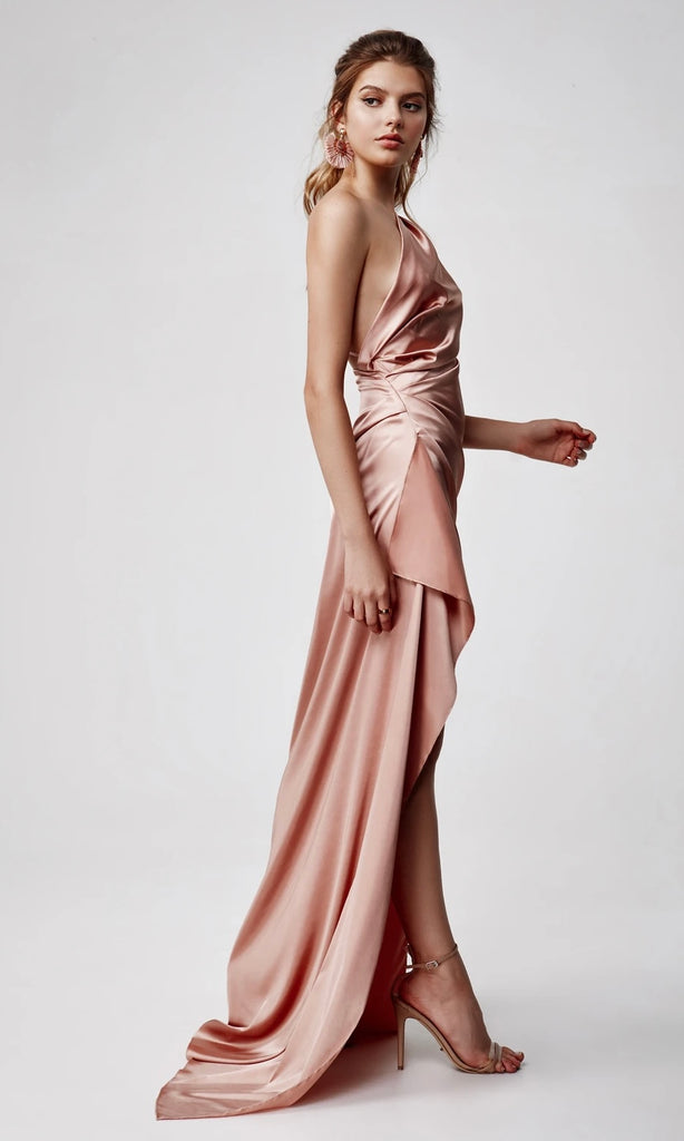 Side view of Samira Maxi Dress in Blush Pink for wedding guest dress hire