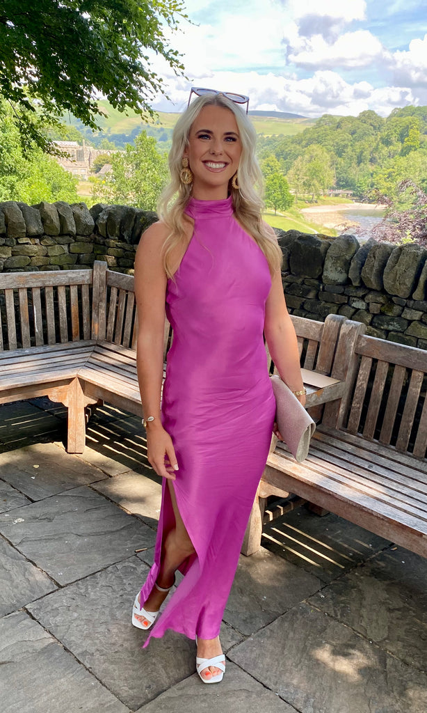 Claire Midi Dress in purple for wedding guest hire