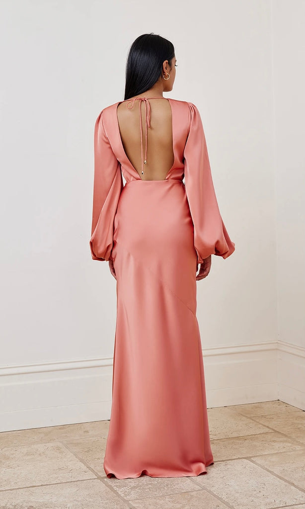 Back of India Maxi Dress in Salmon Pink for wedding guest dress hire