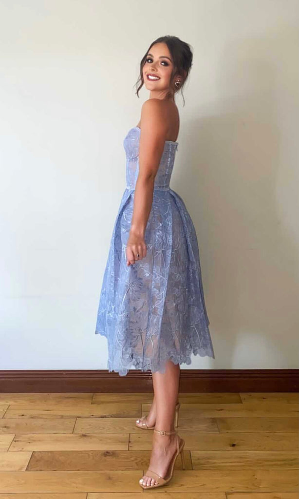 Side view of Olivia Midi Dress in Baby Blue for wedding guest dress hire