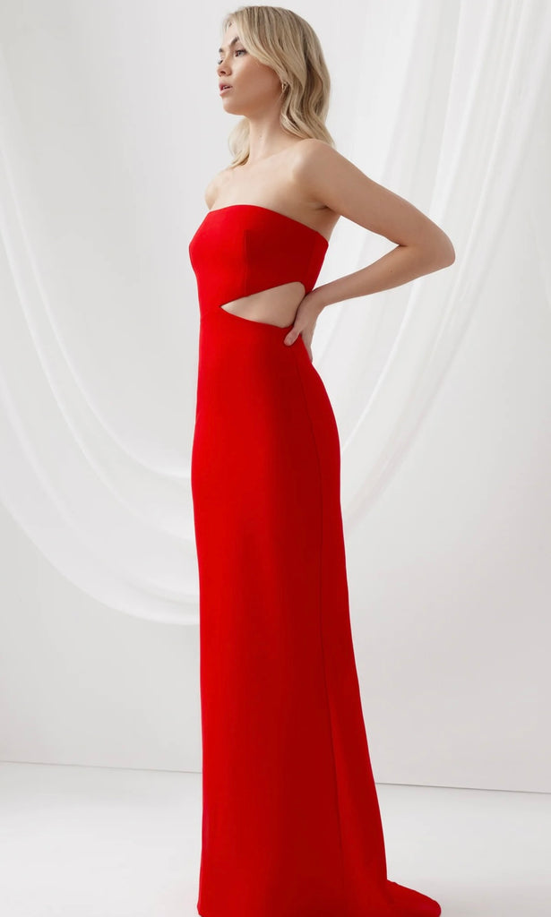 Side view of Serafina Maxi Dress in Red for wedding guest dress hire