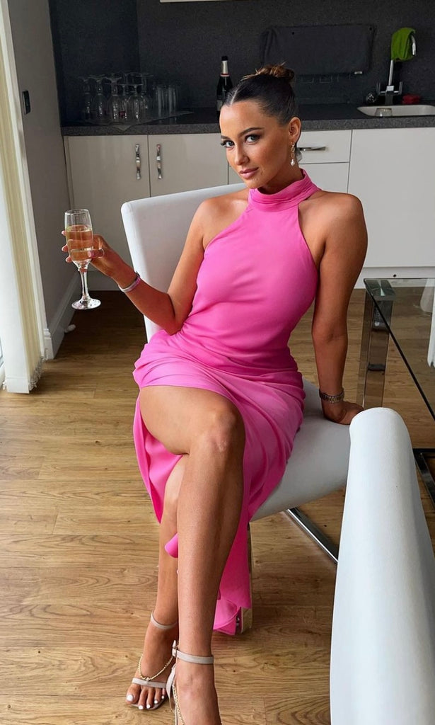 Claire Midi Dress in pink for wedding guest hire