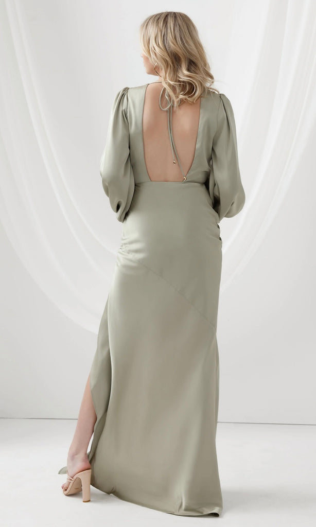 Rear of India Maxi Dress in Sage for wedding guest dress hire