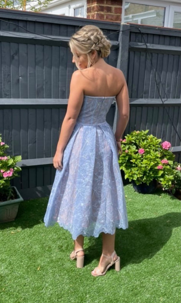 Back of Olivia Midi Dress in Baby Blue for wedding guest dress hire