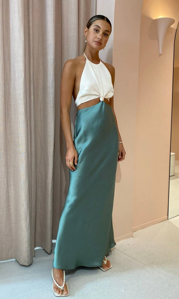 Carrie Halter Maxi Dress in green and white suitable for wedding guest dress hire