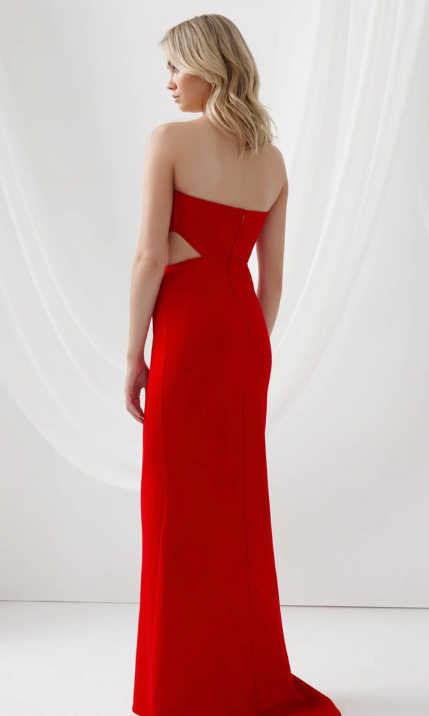 Back of Serafina Maxi Dress in Red for wedding guest dress hire