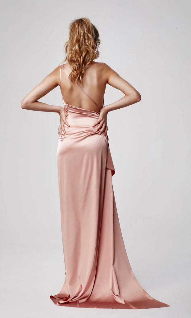 Back of Samira Maxi Dress in Blush Pink for wedding guest dress hire