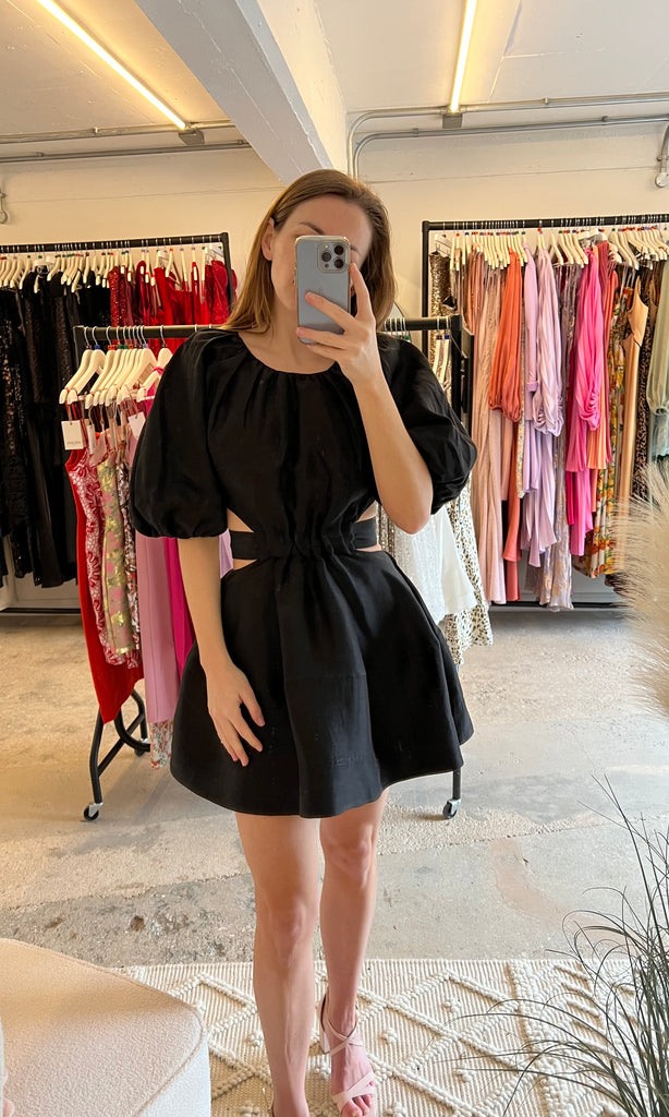 Front of Psychadelia Mini Dress in Black for cocktail dress hire