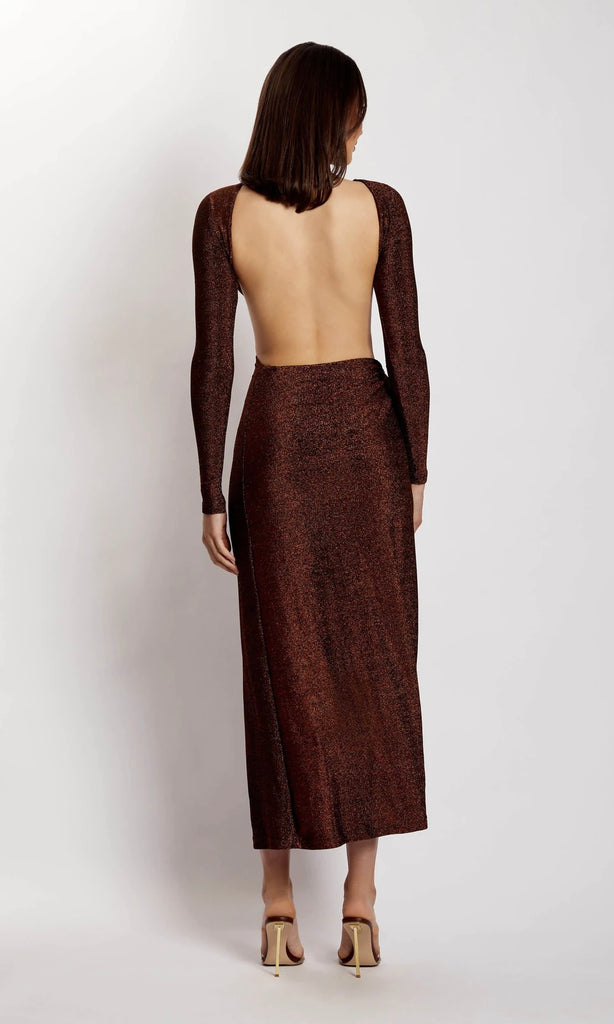 Rear of Christina Backless Maxi Dress in Chocolate Shimmer, for holiday or party dress hire
