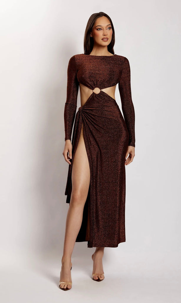Christina Backless Maxi Dress in Chocolate Shimmer for holiday or party dress hire