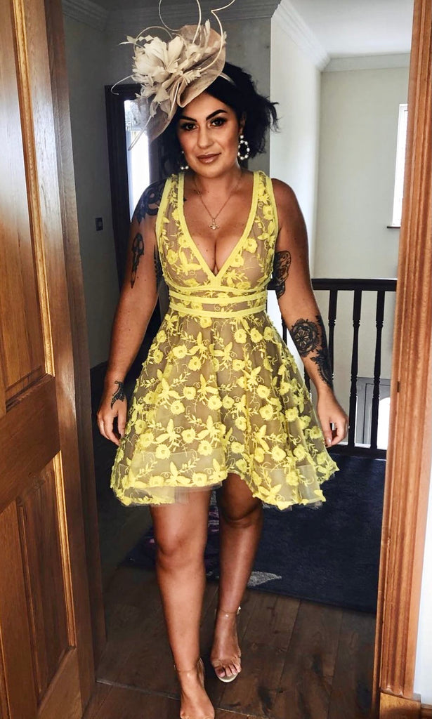 Lola Mini Dress in Lemon for wedding guest dress hire